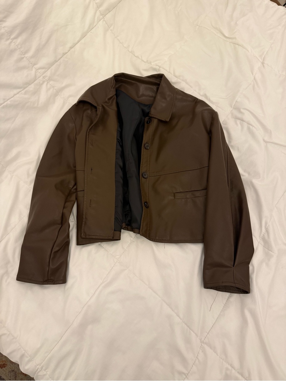 Amazon Brown Faux Leather Cropped Jacket size m